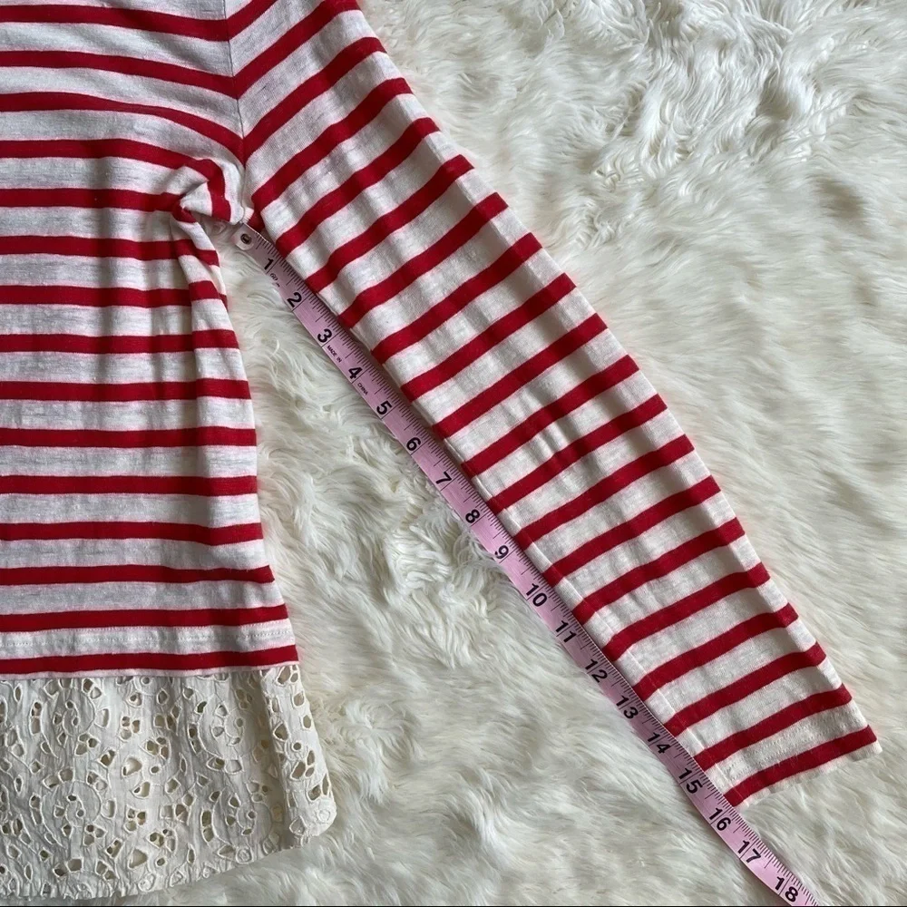 Tory Burch Blouse Top Linen Long Sleeve Eyelet Hem Stripes Red and Cream XS